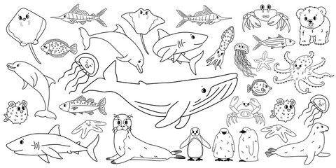 Wall Mural - Big set vector cartoon outline isolated sea ocean north animals. Doodle whale, dolphin, shark, stingray, jellyfish, fish, crab, king Penguin chick, octopus, fur seal, polar bear cub for coloring book.