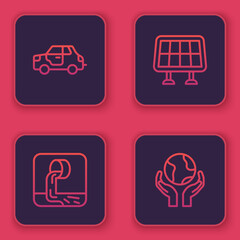 Sticker - Set line Car, Wastewater, Solar energy panel and Hands holding Earth globe. Blue square button. Vector.