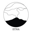 Etna eruption. Sicilian volcano. Isolated black and white illustration of an active volcano. Silhouette. Catania, Sicily, Italy