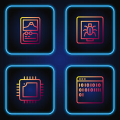 Sticker - Set line Binary code, Processor with CPU, Card game and Insects frame. Gradient color icons. Vector.