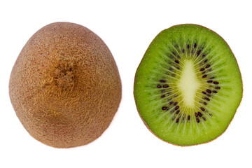 Kiwi fruit cut on two isolated on white background top view. Pulp and skin of kiwi. Fresh, tropical citrus fruit. Vitamin rich food