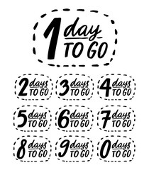 Days to go. Handwritten numbers, countdown template for sale, promo and offers. Black vector doodle badges from 0 to 9.