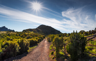 Beautiful mountain landscape. Portugal, Madeira, View of the mountains and Parking PR1.2 Achada do Teixeira near Arieiro peak - the highest point of Madeira island.