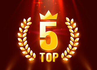 top 5 best podium award sign, golden object. vector