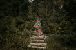 Podróżnik idący przez drewniany most wiszący przez dżunglę.