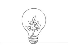 Single Continuous Line Drawing Of Lightbulb With Green Natural Leaf For Company Logo Label. Green Power Innovation Logotype Symbol Template Concept. Dynamic One Line Draw Graphic Vector Illustration