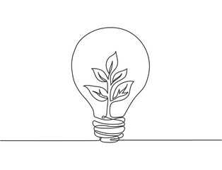 Wall Mural - single continuous line drawing of lightbulb with green natural leaf for company logo label. green po