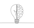 © Simple Line - Single continuous line drawing of half light bulb and half human brain logo label. Smart power and psychological company icon label concept. Trendy one line draw graphic design vector illustration