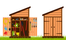 Wooden Shed With Closed And Open Doors. Gardening Tools Are Stacked Inside The Shed And Hung On The Door. Equipment For Growing Plants. Vector Illustration In A Flat Style.