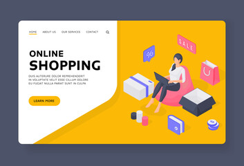 Wall Mural - Woman shopping online on laptop isometric vector illustration. Banner template