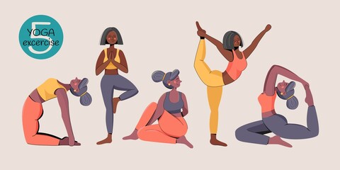 Vector yoga illustration. Yoga set. 5 Yoga exercises. Women yoga. Yoga class, yoga center, yoga studio. Yoga poster. Sketch with yoga asana. 