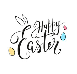 Happy Easter beautiful hand drawn lettering with colorful easter eggs and bunny ears on white background. - Vector illustration