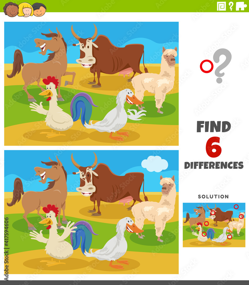differences educational game with comic farm animals Stock Vector ...