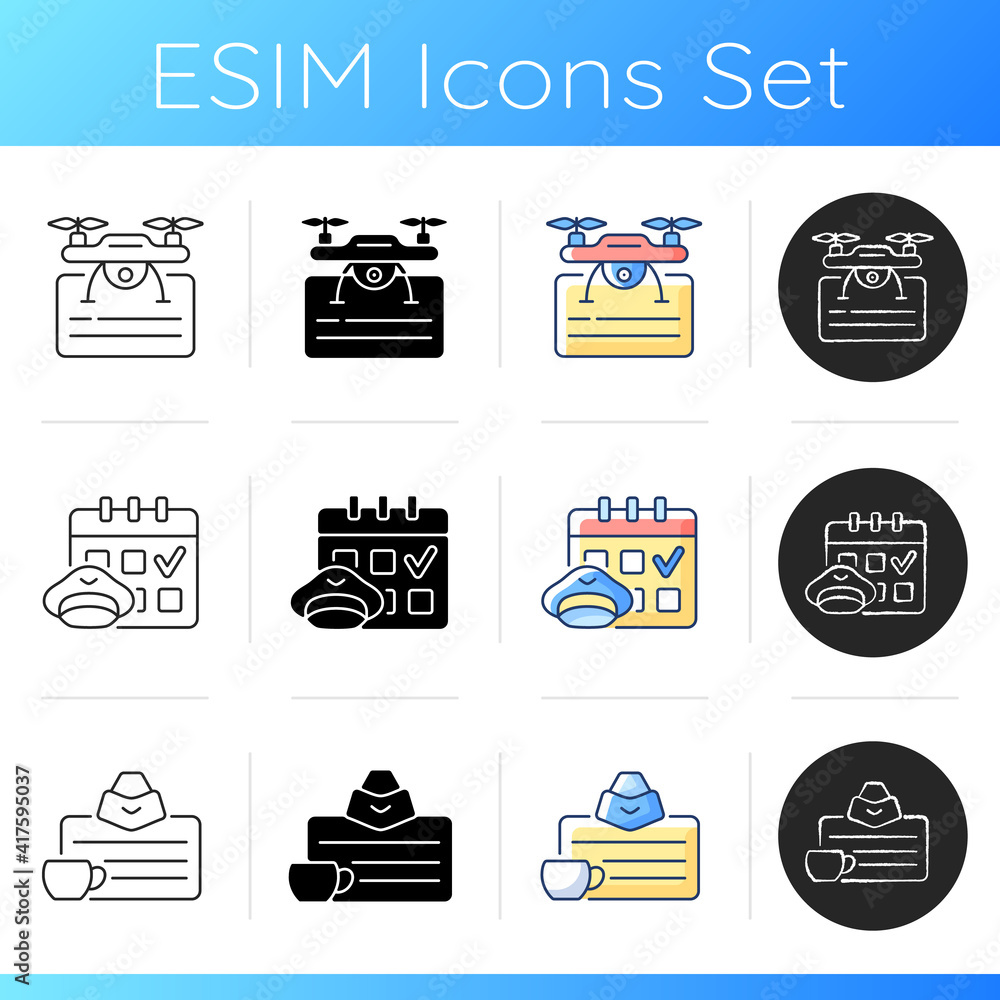 Aviation icons set. Getting drone license. Flight scheduling. Flight ...