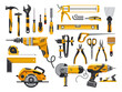© Elegant Solution - Work tools, construction instruments for repair, woodworking and renovation, vector flat isolated yellow set. Home remodeling, carpentry and masonry building tools, electric drill, screwdriver and saw
