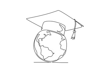 Wall Mural - Graduation hat on earth globe. Single continuous line world global diploma graphic icon. One line draw doodle for education concept. Isolated vector illustration minimalist design on white background