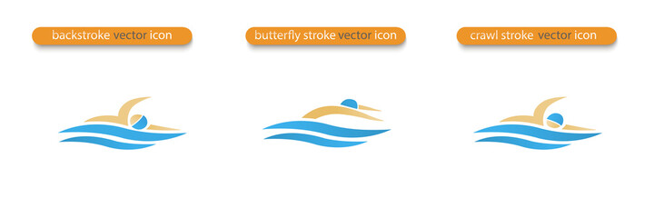 Set of Vector symbols depicting butterfly stroke, crawl stroke and back stroke swimmers. Swimming pool icon. Sports activity in water sign. Isolated in white background.