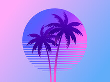 Two Palm Trees On A Sunset 80s Retro Sci-fi Style. Summer Time. Futuristic Sun Retro Wave. Design For Advertising Brochures, Banners, Posters, Travel Agencies. Vector Illustration