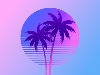 two palm trees on a sunset 80s retro sci-fi style. summer time. futuristic sun retro wave. design fo