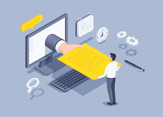 isometric vector illustration on a gray background, a man passes a resume through a computer, a hand with a document, a resume submission
