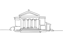 Single One Line Drawing Classic Museum Construction Building With Pillar At Front. Art Gallery Structure Isolated Doodle Minimal Concept. Trendy Continuous Line Draw Design Graphic Vector Illustration