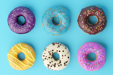 Assorted donuts with colorful icings on blue background. 3d illustration. Colorful donuts background. Various glazed doughnuts with sprinkles.