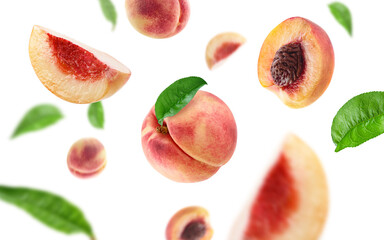 Wall Mural - peach slices and leaves flying on air