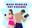 Fitness couple holding dumbbells. Man and female in great shape. Make muscles not excuses! Healthy lifestyle.