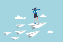 Business Leadership, Woman Power To Lead Company To Achieve Target, Smart Confidence Businesswoman Standing On Leading Flying Paper Airplane Origami Pointing Finger To The Direction To Reach Goal.