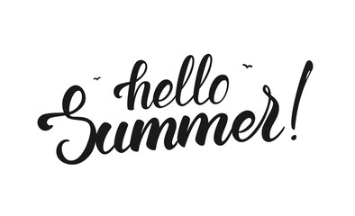 Fototapete - Brush lettering of Hello Summer with birds isolated on white background.