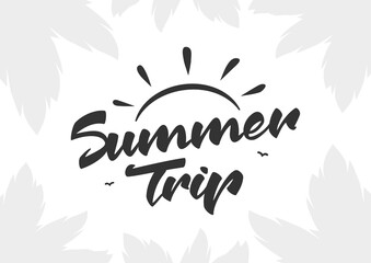 Fototapete - Vector Brush lettering of Summer Trip with light silhouette of palm leaves.