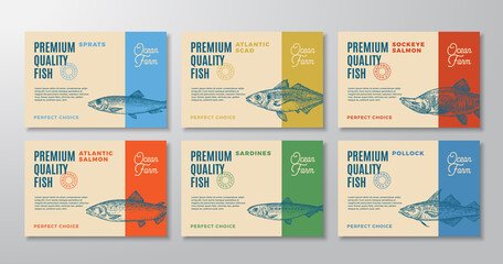 Wall Mural - Fish Labels Set. Abstract Vector Packaging Design Layouts Collection. Modern Typography and Hand Drawn Sardine, Pollock, Scad and Sprat Sketch Silhouettes Backgrounds with Soft Shadows. Isolated