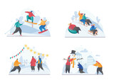 Fototapeta  - Set of four sketches showing winter recreational activities with ice skating, skiing, snowboarding, riding a sleigh and building a snowman, colored vector illustration
