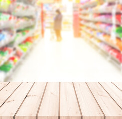 Wood table or Wood floor with supermarket or superstore blur background for product display
