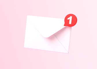 White mail envelope with red marker message on pink background. Envelope falling on the ground. Email notification. Minimal design. 3D rendering, 3D illustration