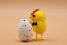 Yellow Baby Chick Close Up Singing Loudly. Orange Happy Easter Background