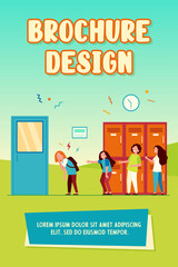 School bullying victim. Group of kids laughing at sad lonely classmate, pointing finger at girl, shooting video. Vector illustration for nerd, aggression, cruel children concept