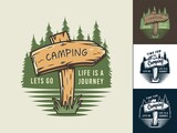 Fototapeta  - Set of camp wooden pointer for camping and outdoor travel expedition or t-shirt print, emblem