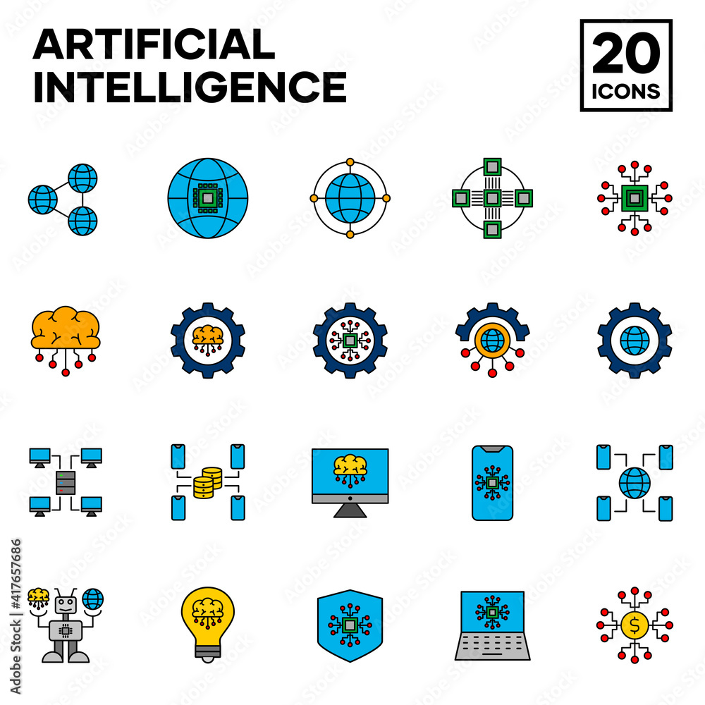 Artificial Intelligence icon set with filled line style, like brain ...