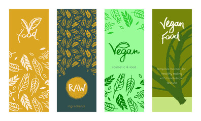 Template vegan banner set. Hand drawn grain crops pattern, bread grains icons. Vector fresh leaf background for bakery packaging design, bread label, healthy food banner, website vegetarian restaurant