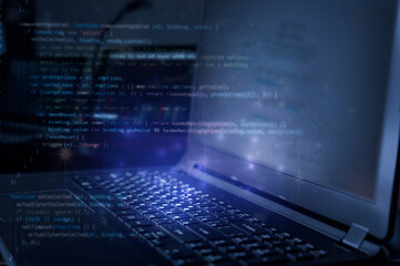 Wall Mural - technical background. laptop and code background. learn programming language, computer courses, trai