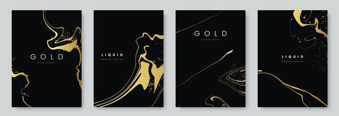Abstract minimalist poster collection with golden smooth thin ink lines on black background. luxury banner design. A4 size. Ideal for flyer, packaging, invitation, cover, business card. Vector eps 10