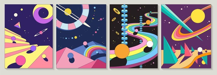 set of four different bright colorful abstract designs with planets and winding road in geometric sh