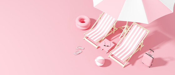 3D rendering. Top view summer vacation, Beach chairs, Beach umbrella and beach accessories on theme color white and pink pastel on Pink pastel color background.