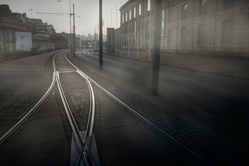 Wall Mural - City cloudy and foggy sunrise