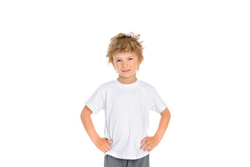 Something unhappy little boy in a white t-shirt on a white background