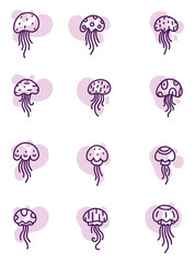 Wall Mural - Various purple jellyfish, illustration, vector on white background.
