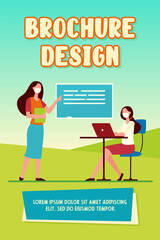 Wall Mural - teacher in mask explaining lesson to student. laptop, distance, lecturer flat vector illustration. p