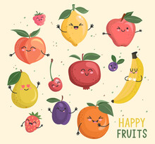 Big Set Of Funny Cheerful,friendly Fruits And Berries Comic Characters.Sweet Kawaii Smiling Summer Delicacy,tasty Healthy Food For Kids Designs And Decorations, Isolated. Vector Illustration.