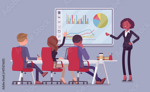 Interactive white board, smartboard presentation for business people. Businesswoman standing at touchscreen, data slides showing, planning working with audience. Vector flat style cartoon illustration